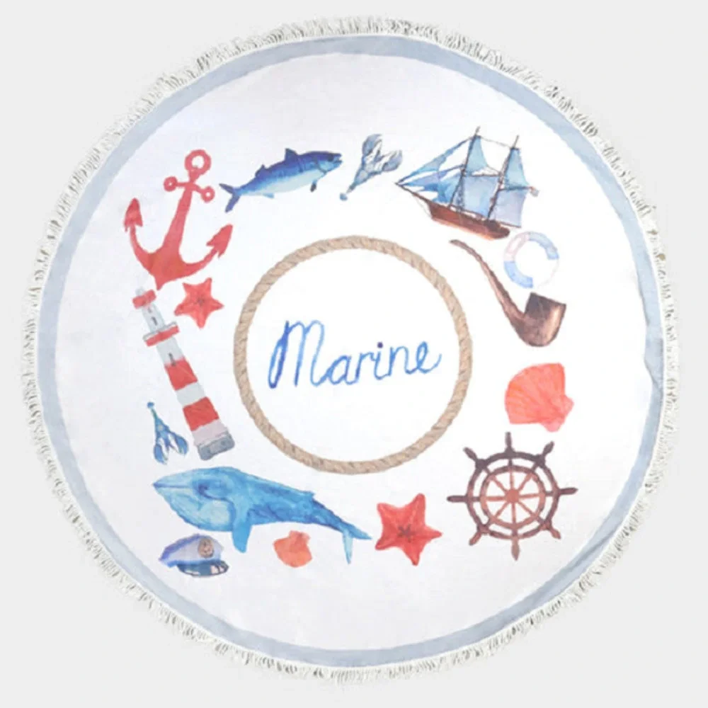 Coastal Nautical Beach Round Beach Towel w Fringes Yoga Mat Beach Blanket